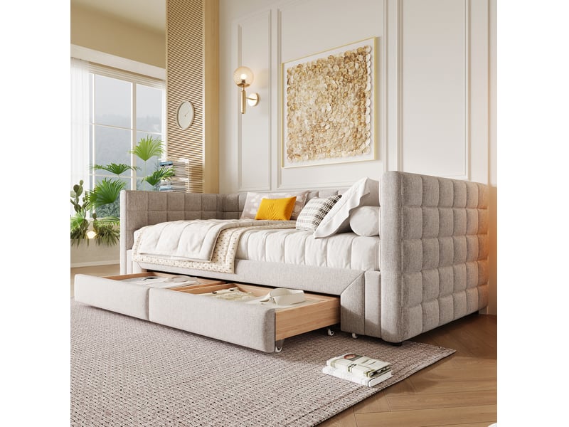 Lit banquette extensible 90x200 cm en velours beige avec 2 tiroirs  - Conforama B