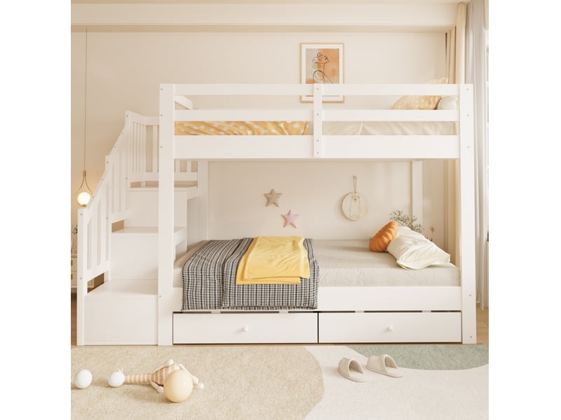  Lit superposé modenvie 140 x 200 cm blanc avec escalier de rangement et 2 tiroirs  - Conforama E
