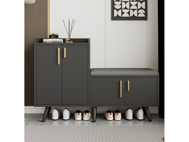  Banc à chaussures 120 cm avec 4 portes et assise rembourrée, noir et noyer foncé  - Conforama D