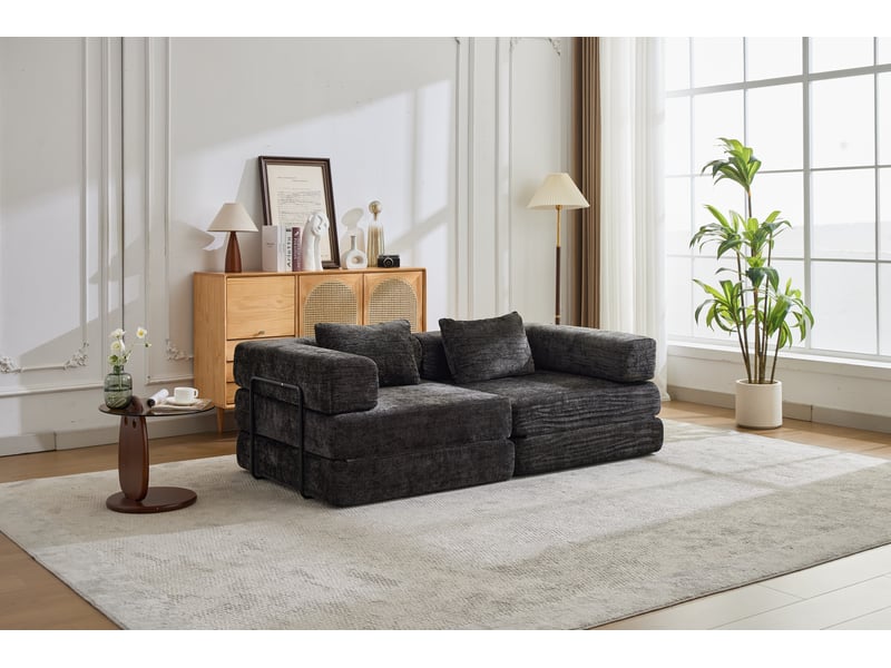  Canapé-lit compressé convertible 2 places, cadre fixe, modulable sans armature, chenille, sans montage, noir  - Conforama B