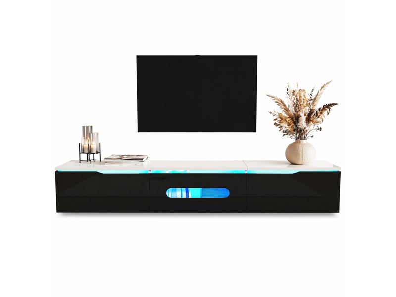 Meuble tv 180 cm noir et blanc avec led 16 couleurs, à poser ou à fixer au mur - Conforama A