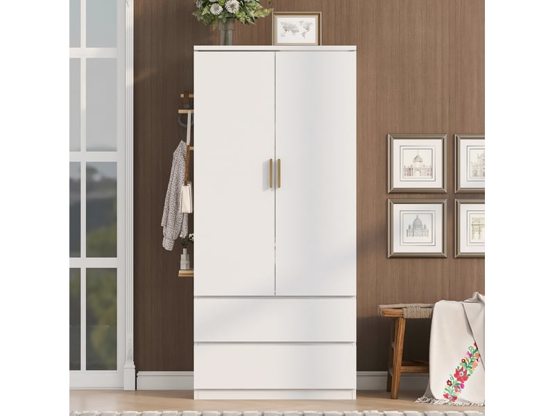  Armoire modenvie 70 x 50 x 170 cm avec panneau perforé latéral, 2 tiroirs et espaces de rangement dissimulés, blanche  - Conforama D