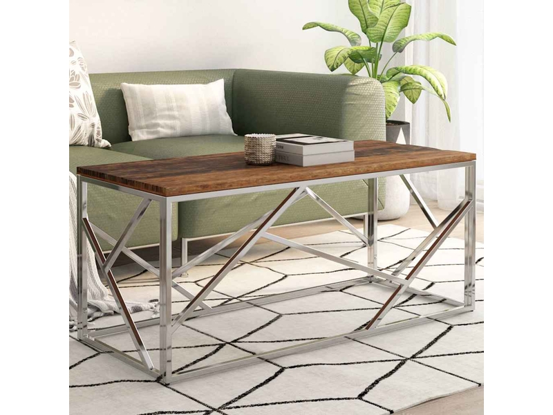  Table basse - table de salon - table à thé argenté inox et bois de mélèze massif  - Conforama B