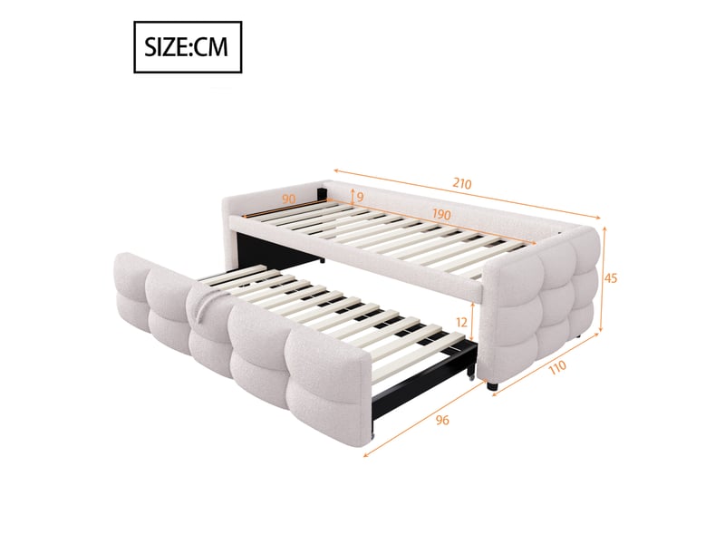  Canapé-lit extensible 90180*190cm, lit capitonné, pouf, tissu teddy, coloris beige, livré sans matelas.  - Conforama B