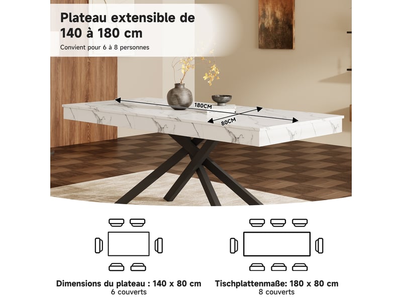  Table extensible blanche avec pieds croisés 140-180 x 80 cm Fay Lum - Conforama E