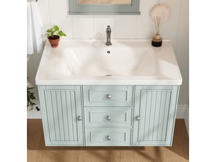 Meuble sous vasque suspendu vert 78 cm avec lavabo en céramique et 3 tiroirs de rangement