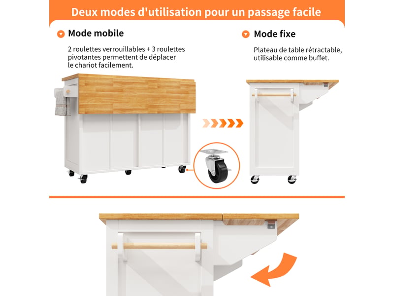  Îlot central de cuisine extensible blanc, rangement, portes vitrées, roulettes, étagères réglables, solide,mdf,140x45（73）x93.5cm  - Conforama C