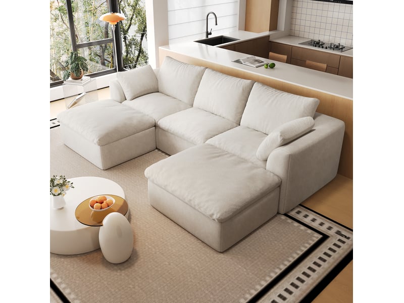 Canapé panoramique en u 5 places en tissu lin blanc beige, 245x155x83 cm - Conforama E