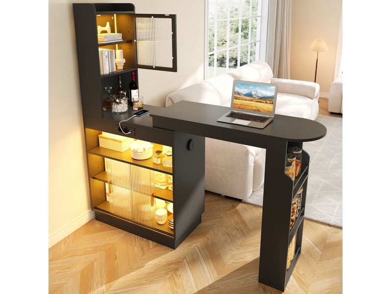  Table bar extensible avec rangement 131-170 x 40 x 170 cm – noir – éclairage led, prises usb et usb-c  - Conforama B