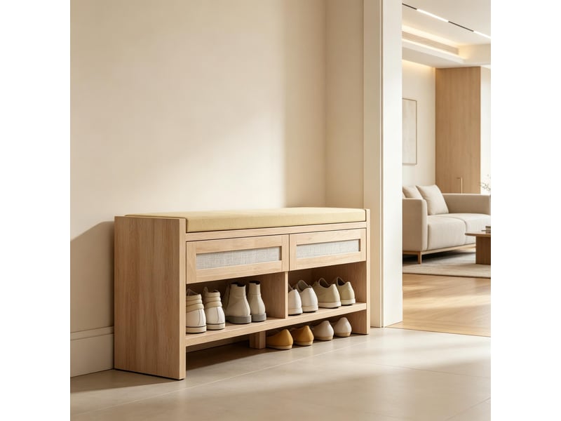  Banc à chaussures beige avec rangement, assise lin, portes rotin, étagère ouverte, entrée  - Conforama D