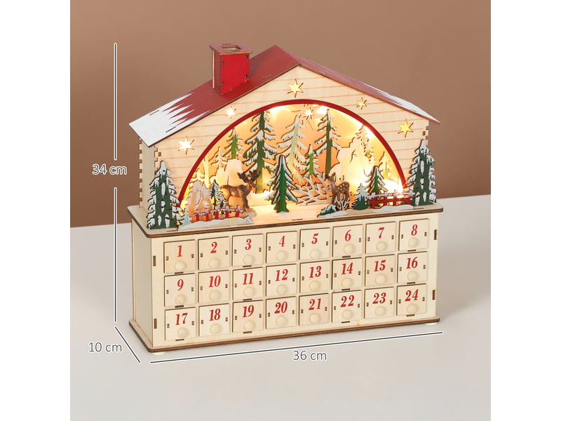  Calendrier de l'avent en bois avec lumières led, 24 tiroirs et décor de village, 36 x 10 x 34 cm, naturel  - Conforama E