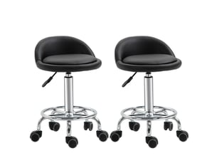 Lot de 2 tabouret à roulette pivotant 360°, assise réglable 47-62h cm, acier chromé revêtement synthétique noir