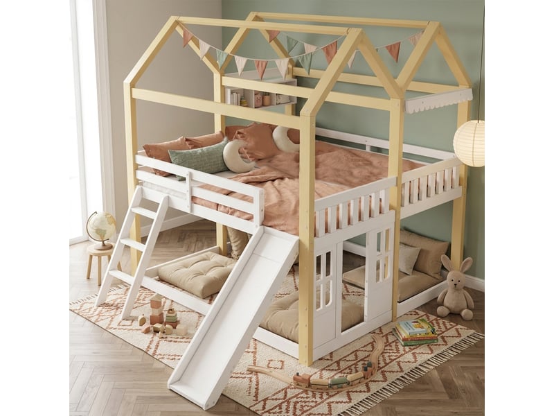  Lit  enfant 90 x 200 cm, avec toboggan échelle aire de jeu, bois, blanc  - Conforama D