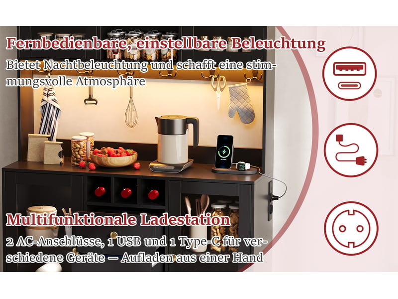 Buffet de cuisine noir haut 120x40x170cm, meuble rangement avec 3 tiroirs et portes acrylique transparentes pour salle à manger moderne - Conforama D