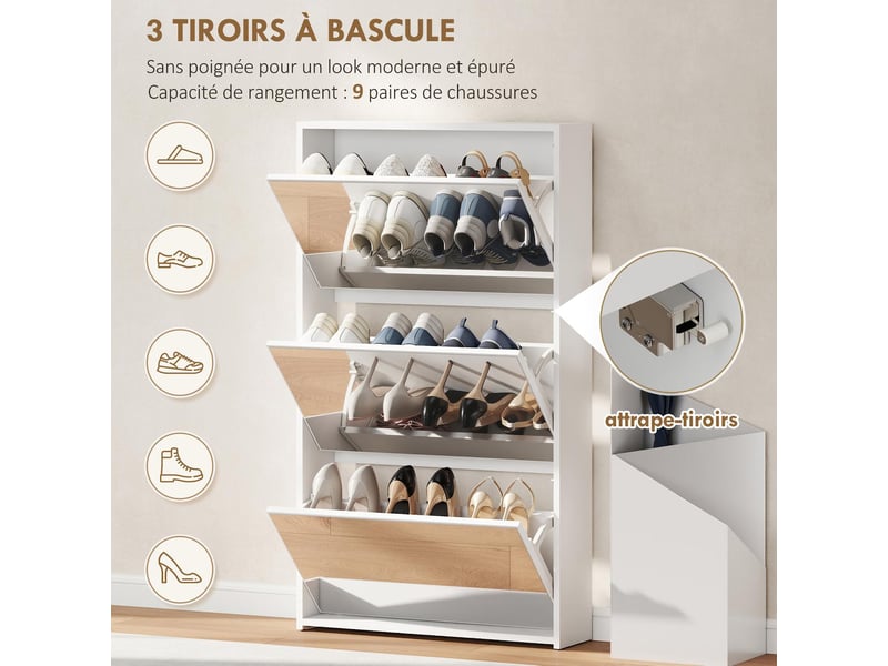 Meuble à chaussures 3 tiroirs basculants miroir blanc 65 x 17 x 114,5 cm  - Conforama D