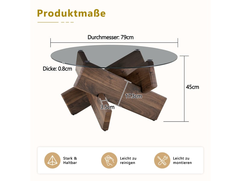  Table basse ronde en verre trempé avec socle géométrique pour salon ø 79 cm, hauteur 45 cm noyer  - Conforama E