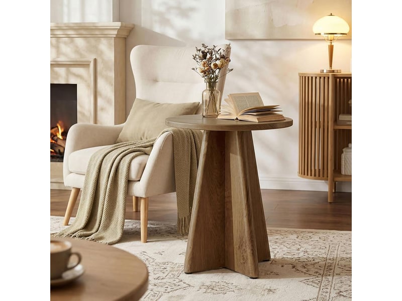  Table d'appoint ronde en bois de 50 cm, table basse robuste avec piètement en croix, petite table de canapé moderne, finition bois naturel, table pour salon ou chambre, chêne naturel  - Conforama E