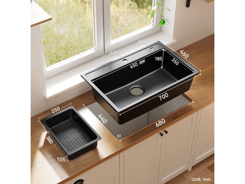  Anycee max évier en granit 70x46cm - évier de cuisine - évier simple avec panier égouttoir et siphon - kit d’évacuation et trop-plein  - Conforama B