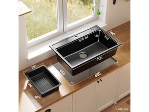 Anycee max évier en granit 70x46cm - évier de cuisine - évier simple avec panier égouttoir et siphon - kit d’évacuation et trop-plein