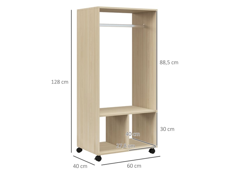  Armoire à roulettes avec tringle et étagères pour vêtements suspendus et pliés, 60 x 40 x 128 cm, naturel  - Conforama E