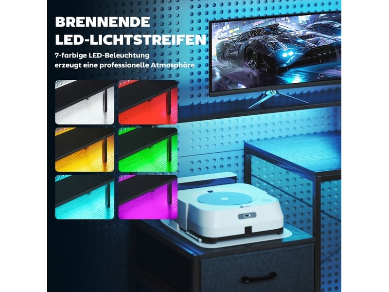 Bureau gaming en l noir 165 x 80 cm avec led 7 couleurs, prises et support double écran, rangement intégré - Conforama D