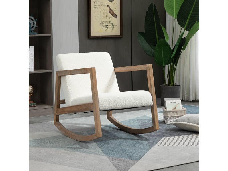  Fauteuil à bascule blanc crème, fauteuil de relaxation rembourré en bois d'hévéa avec revêtement polaire, 60x81x71 cm  - Conforama B