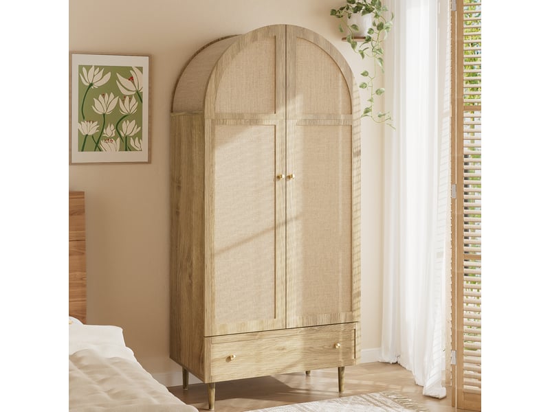  Armoire moderne 79x50x175 cm, grande capacité avec tiroirs et portes, meubles de chambre, revêtues de tissu, mdf, chêne  - Conforama E