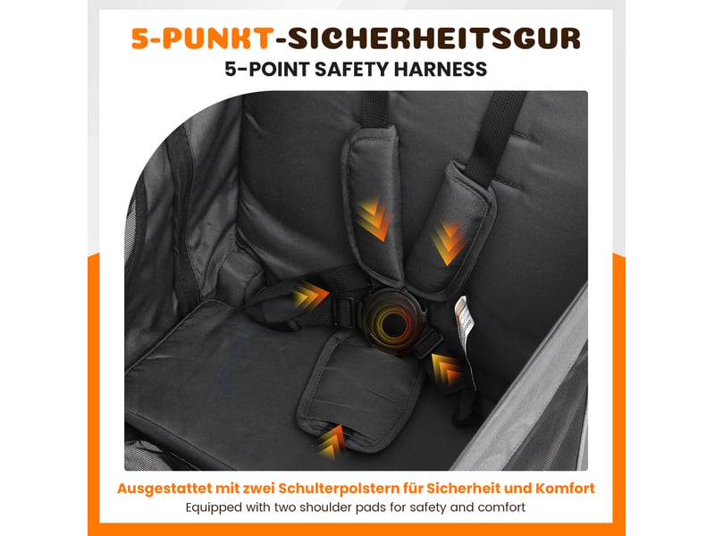 Poussette double pliable 124 x 61 x 121 cm gris foncé en acier et tissu, siège convertible en lit pour 2 enfants - Conforama E