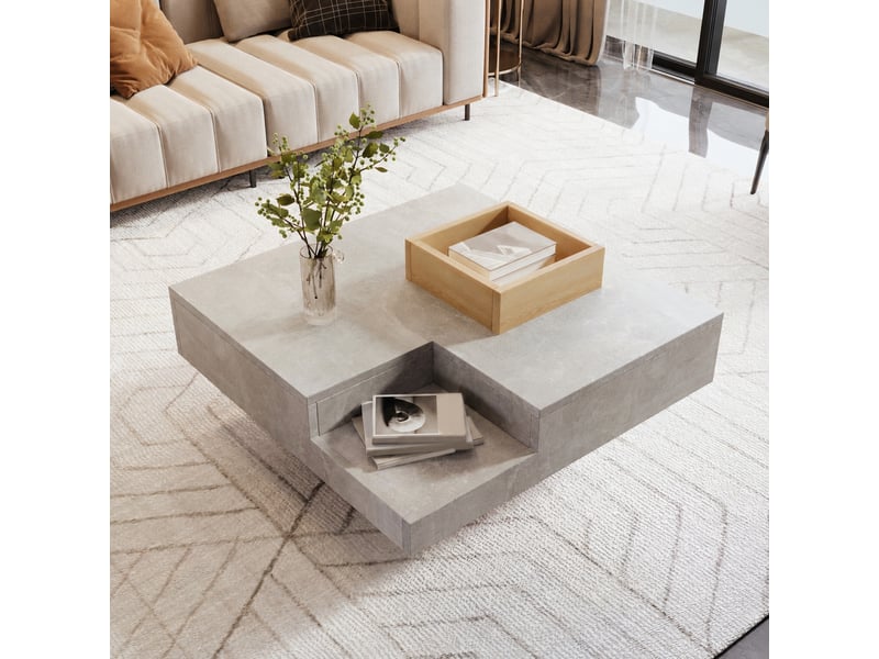  Table basse carrée avec coffre de rangement amovible, gris béton et effet bois, 72 x 72 x 30 cm  - Conforama B