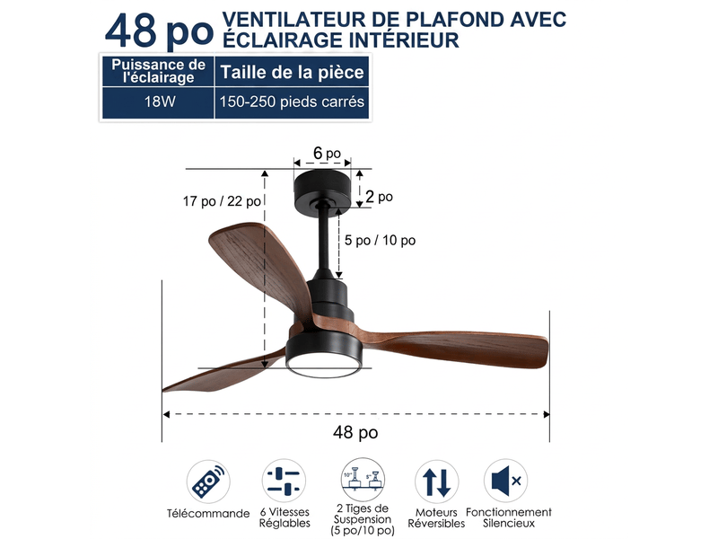 Ventilateur de plafond avec lumière 122 cm, 3 pales en bois massif, moteur dc réversible silencieux, télécommande pour salon chambre - Conforama D