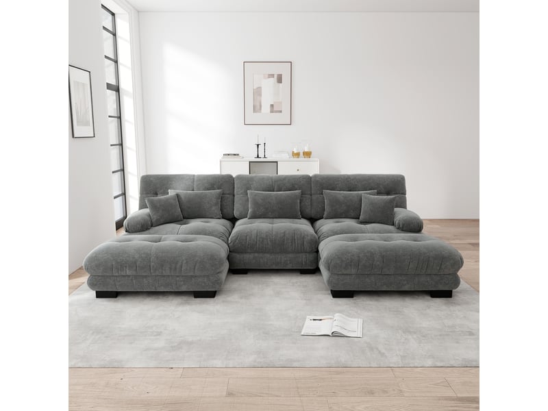  Canapé panoramique en u modulaire convertible avec ottoman, assise profonde et coussins, en chenille gris  - Conforama C