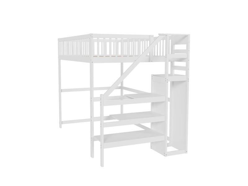 Lit mezzanine 140x200cm avec armoire, escalier, barrière et sommier, pin+aggloméré+mdf, blanc, sans matelas - Conforama C