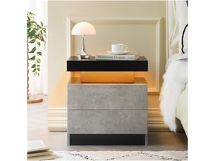 Table de chevet led grise, 2 tiroirs, design moderne