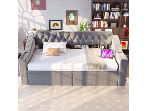 Lit avec rangement 90x190 cm <strong>REDOM</strong> <strong></strong> coloris gris