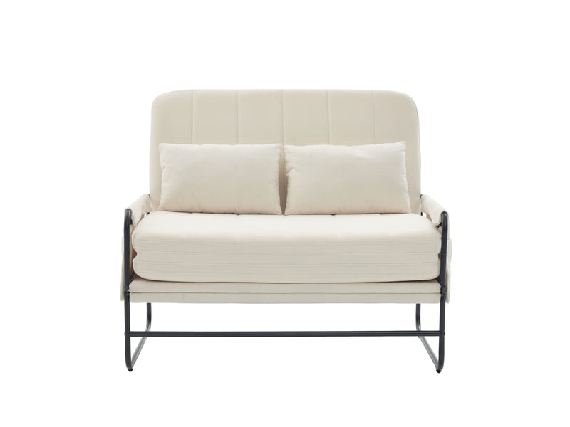 Canapé convertible 2 places avec poches latérales et coussin lombaire, structure en métal, chenille beige - Conforama A