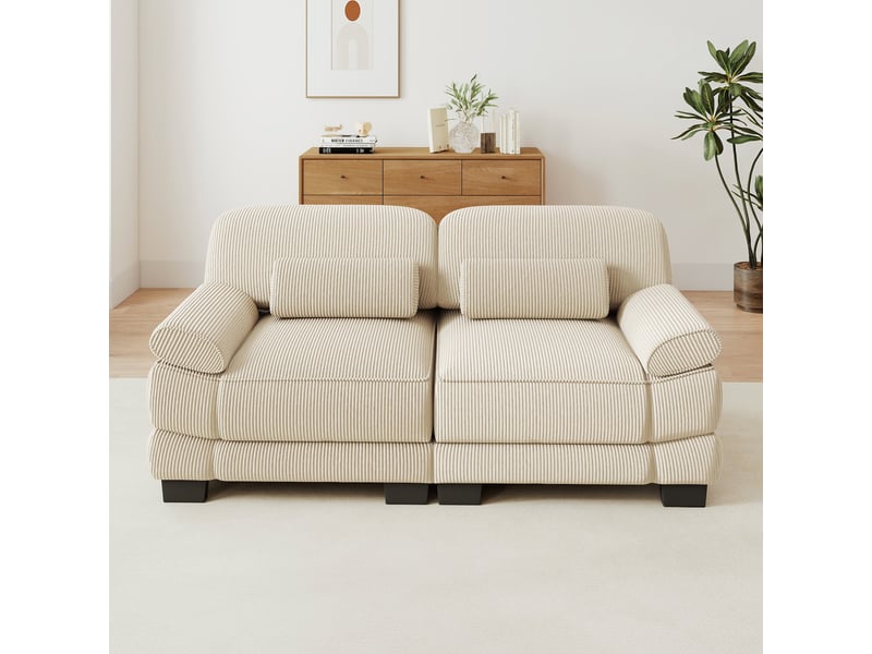 Canapé 2 places en velours côtelé beige, design modulaire, assise profonde, coussin lombaire inclus, 194×88,5×94 cm - Conforama B