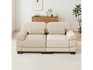 Canapé 2 places en velours côtelé beige, design modulaire, assise profonde, coussin lombaire inclus, 194×88,5×94 cm