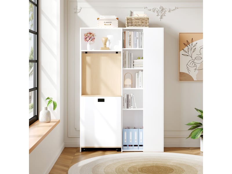  Bureau bibliothèque pliable 104,5x30,5x160 cm, angle droit avec prise usb, étagères réglables et anti-basculement, mdf, blanc OMNIGLINT TRADING LTD - Conforama D