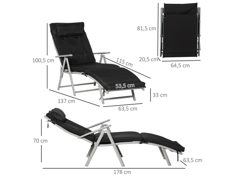  Chaise longue pliante 137 x 63,5 x 100,5 cm – noir – 7 positions réglables avec coussin pour extérieur  - Conforama C