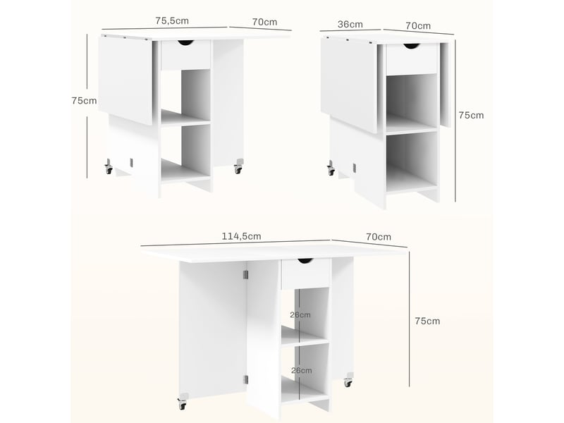 Table de salle à manger pour 2 à 4 personnes avec 1 tiroir, 2 niches et rabats pliants pour cuisine et salle à manger  - Conforama D