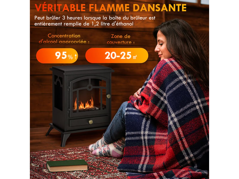  Cheminée bioéthanol sur pied, brûleur 1,2 l, environ 3 h de durée de combustion dim. 45l x 28l x 54h cm acier noir  - Conforama D