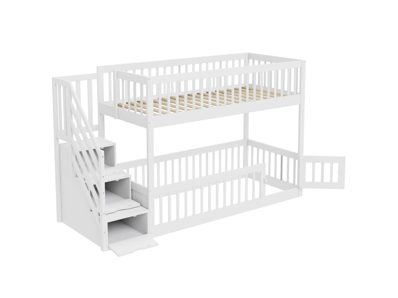  Lit superposé 2 couchages 90 × 200 cm avec escalier à tiroirs et barrières, sans matelas, en bois massif, blanc  - Conforama E