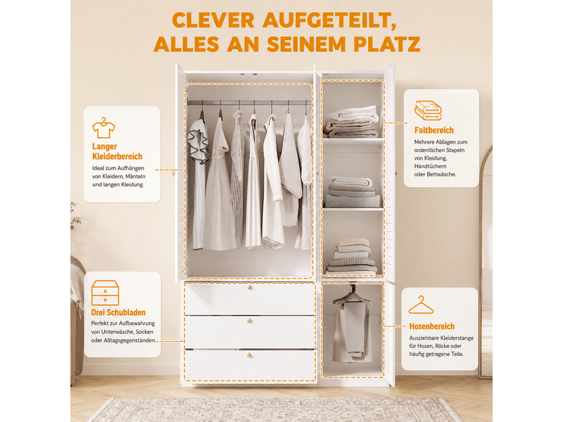  Armoire blanche 3 portes avec portes persiennes 135x50x200 cm - 3 tiroirs 2 penderies porte-pantalons  - Conforama D