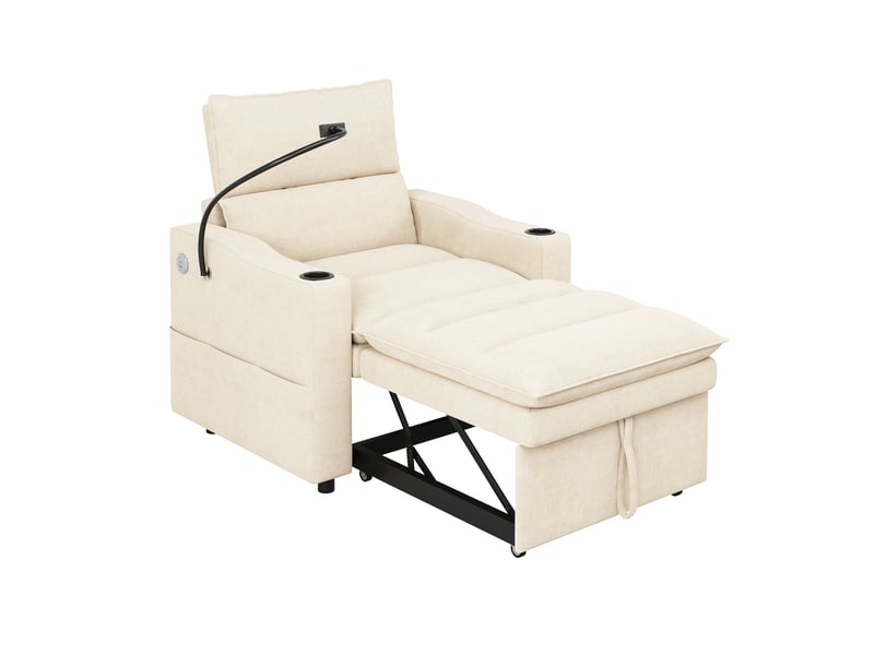 Fauteuil convertible 3-en-1 94x147x91 cm, chauffeuse et canapé-lit, fonction convertible, dossier réglable, ports usb et type-c, chenille beige CozyNest - Conforama A
