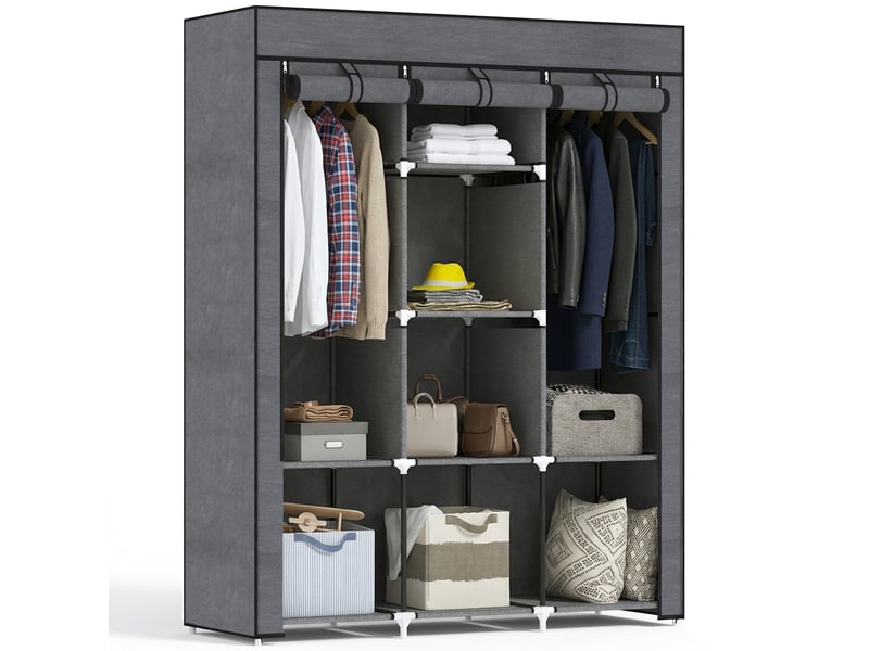  Armoire en tissu avec base surélevée, 8 étagères et 2 tringles, rangement gain de place en tissu non tissé, polypropylène et acier, pour chambre  - Conforama A