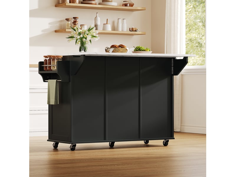 Desserte de cuisine noire et blanc avec plateau rabattable, 2 tiroirs, 2 portes, étagères à épices et 5 roulettes - Conforama E