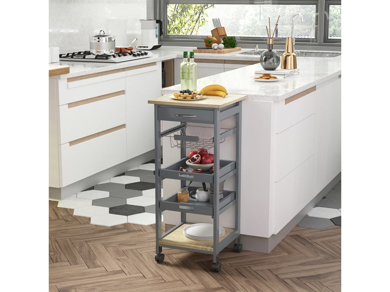  Chariot de service desserte de cuisine à roulettes panier + 2 plateaux amovibles, étagère en bois chêne clair, tiroir  - Conforama D
