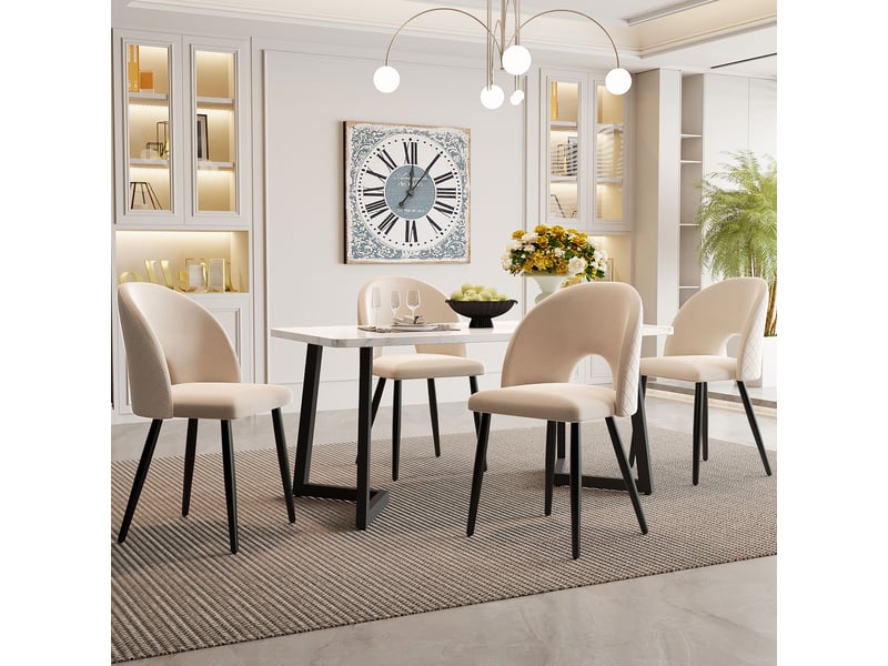 Ensemble table à manger avec 4 chaises en velours beige, table rectangulaire 117 x 68 cm, plateau mdf et pieds noirs - Conforama C