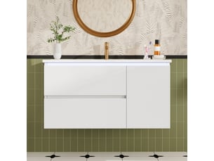 Meuble vasque mural salle de bain blanc 91,5 cm avec lavabo céramique, led radar et 2 tiroirs silencieux