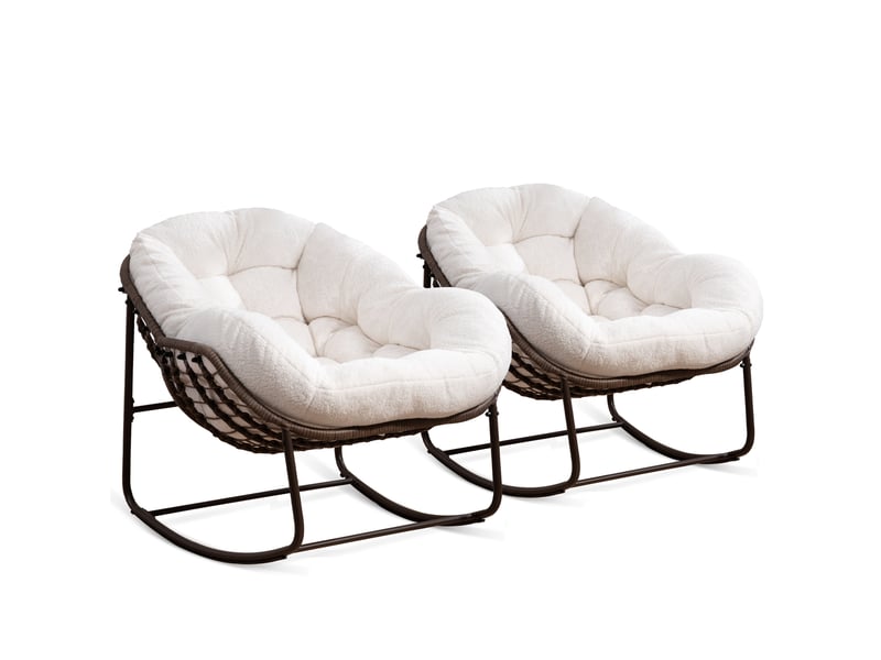 Cocon - lot de 2 fauteuils à bascule en rotin naturel – forme œuf et coussins blanc  – confortable pour salon, véranda ou chambre  - Conforama A